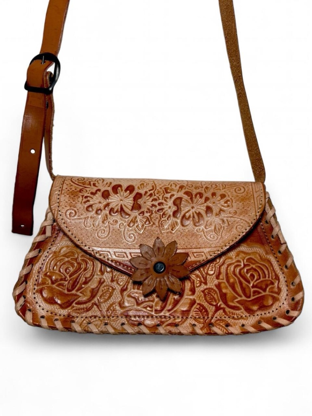 Hand-Tooled Floral Leather Crossbody Bag in Tan